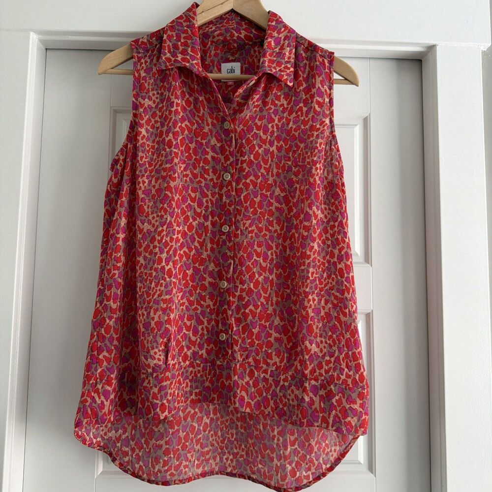CAbi #3270 Heartbreaker Sleeveless Printed Collared Blouse Red Size Small